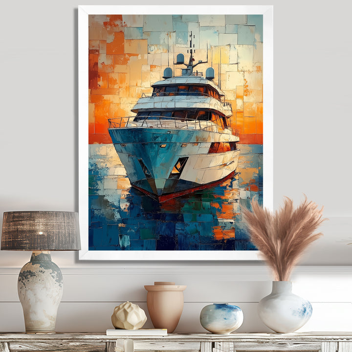 Boat Yacht In Green And Orange Tones - Boat Yacht Canvas Wall Art