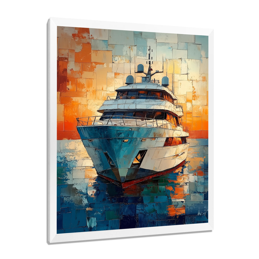 Boat Yacht In Green And Orange Tones - Boat Yacht Canvas Wall Art