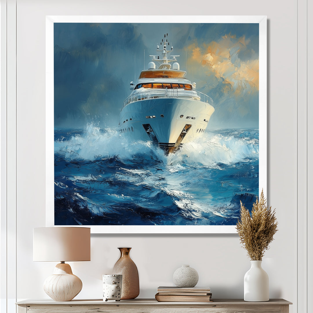 Blue Sophistication With Yellow Boat Yacht Blend - Boat Yacht Canvas Wall Art