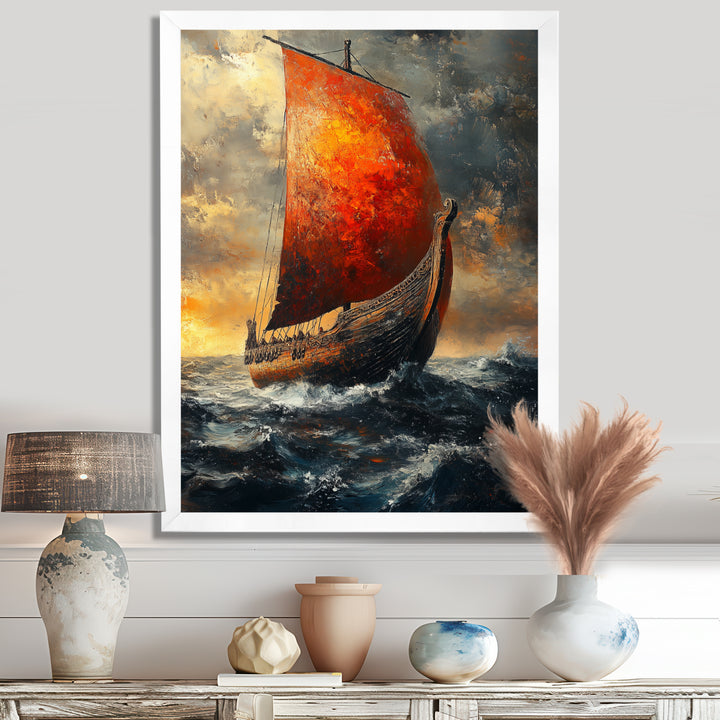 Red Vikings Boat Longship in Battle - Vikings Boat Canvas Wall Art