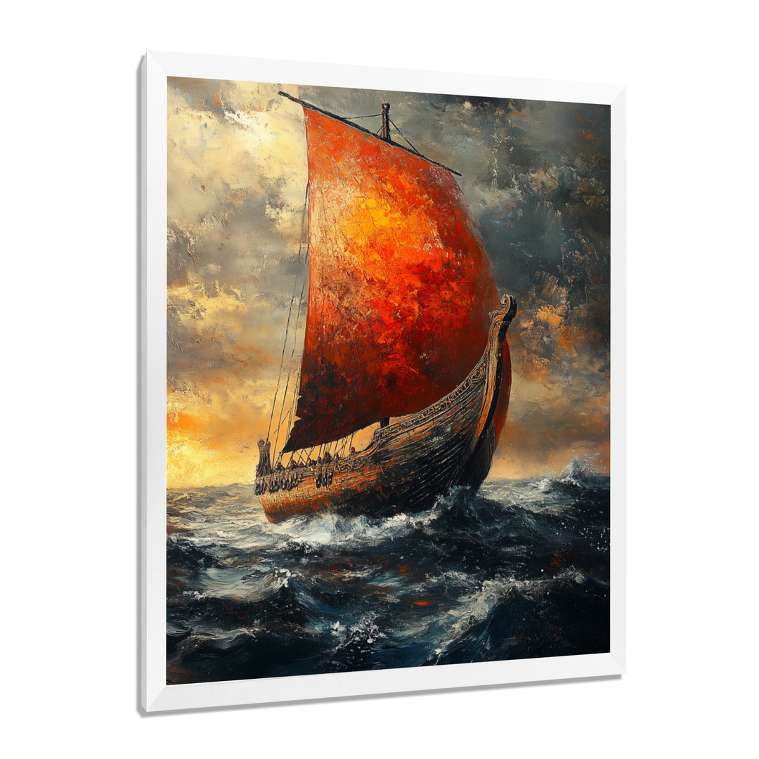 Red Vikings Boat Longship in Battle - Vikings Boat Canvas Wall Art