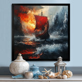 Red Vikings Boat Longship In The Icebergs - Vikings Boat Canvas Wall Art