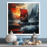 Red Vikings Boat Longship In The Icebergs - Vikings Boat Canvas Wall Art