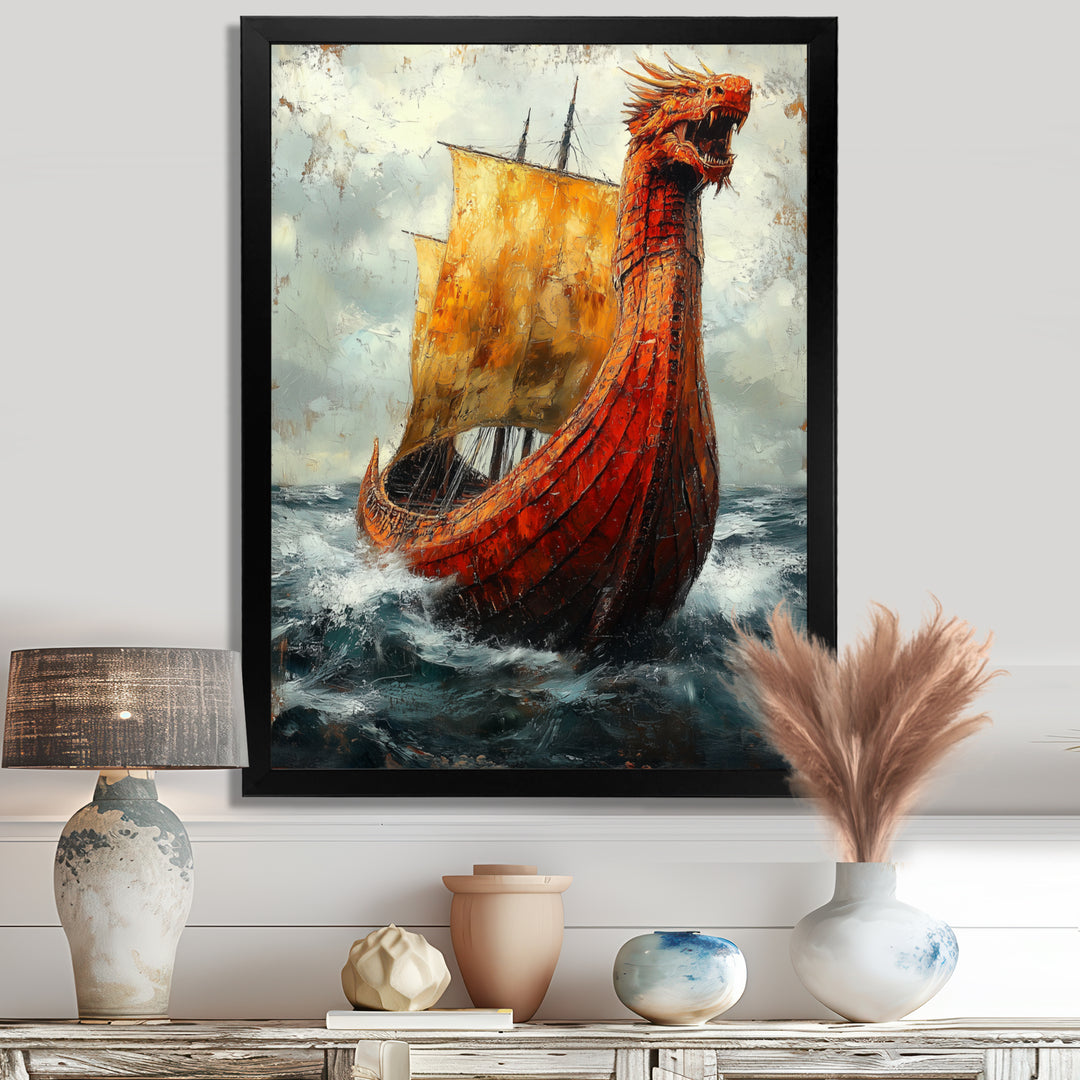 Yellow Vikings Boat Longship in Battle - Vikings Boat Canvas Wall Art