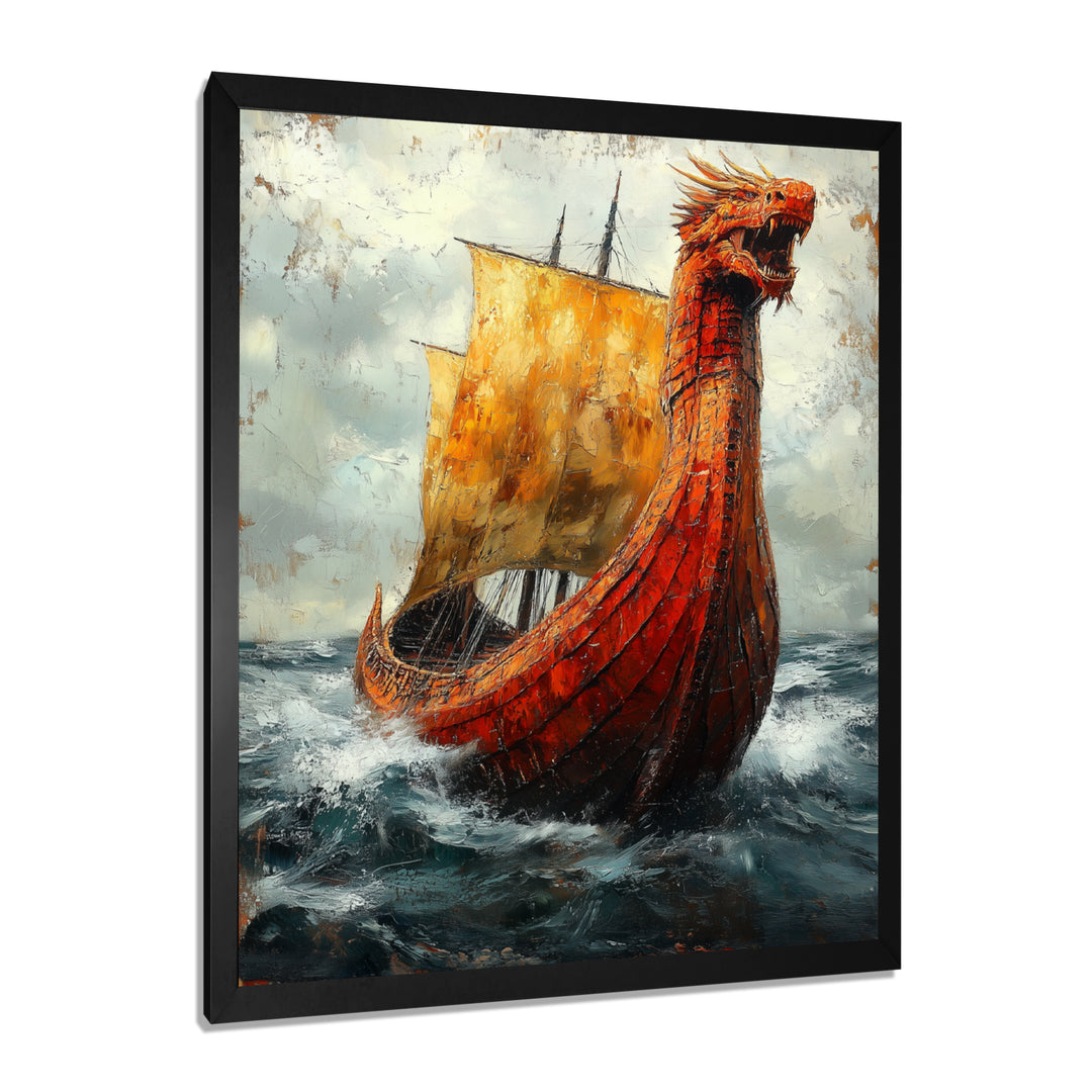 Yellow Vikings Boat Longship in Battle - Vikings Boat Canvas Wall Art