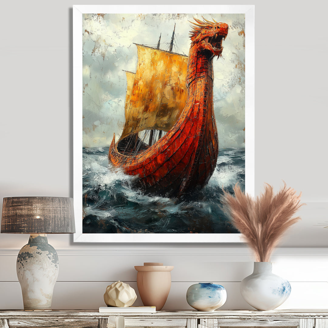 Yellow Vikings Boat Longship in Battle - Vikings Boat Canvas Wall Art
