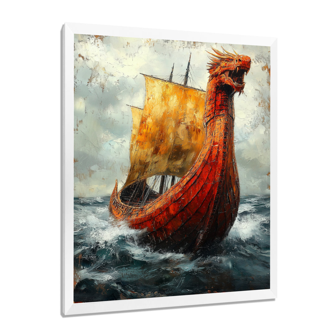 Yellow Vikings Boat Longship in Battle - Vikings Boat Canvas Wall Art