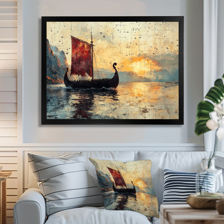 Red Vikings Boat Viking Sailors Life At Sea - Vikings Boat Canvas Wall Art
