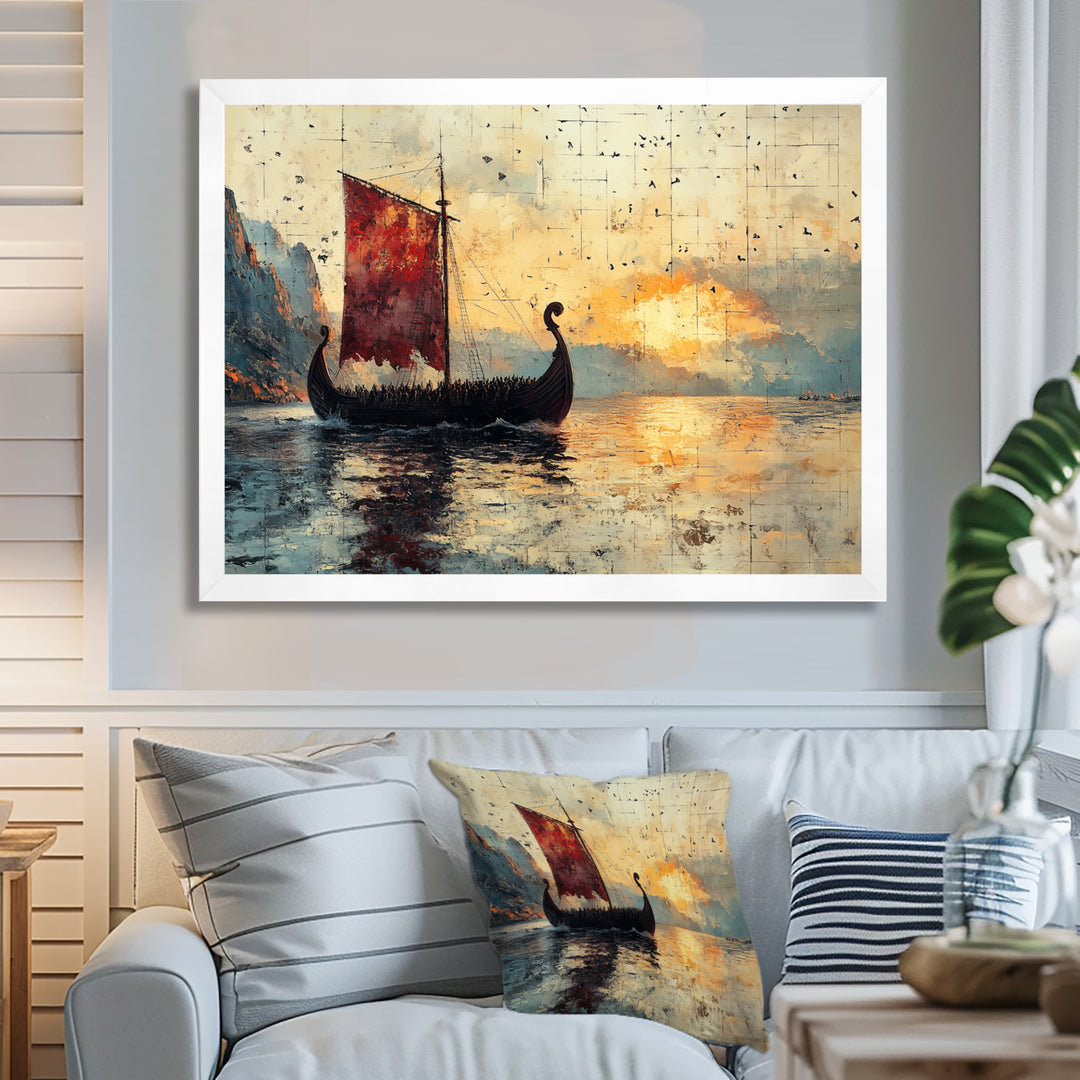 Red Vikings Boat Viking Sailors Life At Sea - Vikings Boat Canvas Wall Art