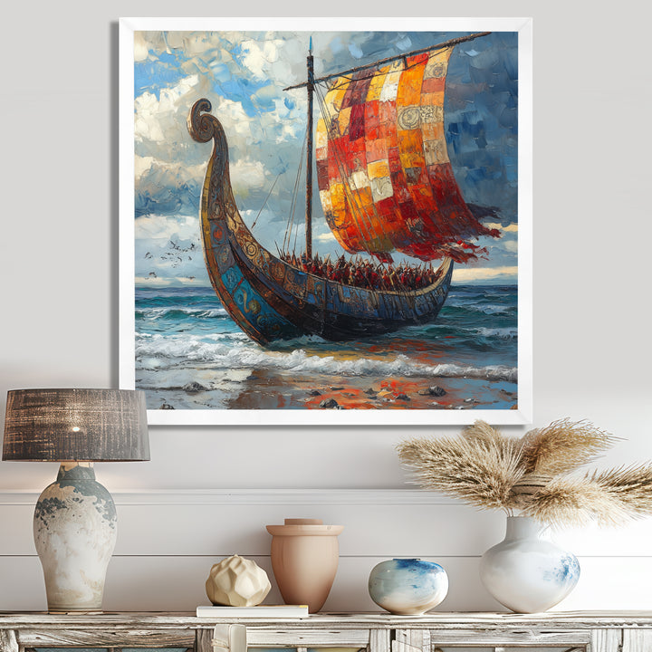 Orange Vikings Boat Viking Warriors On The Beach I - Vikings Boat Canvas Wall Art