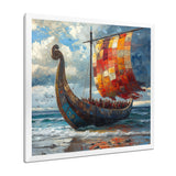 Orange Vikings Boat Viking Warriors On The Beach I - Vikings Boat Canvas Wall Art