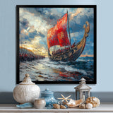 Red Vikings Boat Viking Warriors On The Beach - Vikings Boat Canvas Wall Art