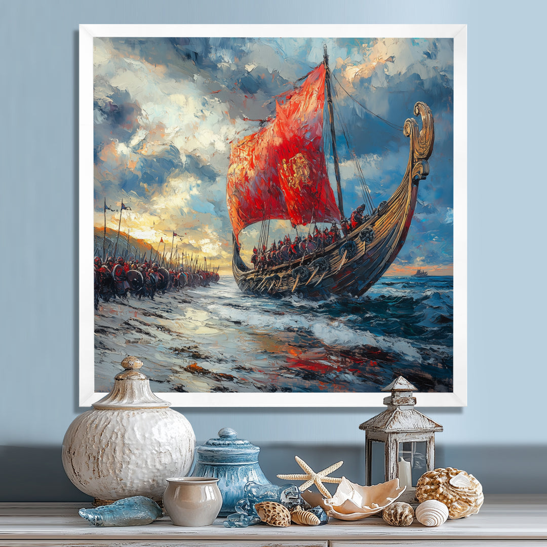 Red Vikings Boat Viking Warriors On The Beach - Vikings Boat Canvas Wall Art