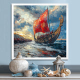 Red Vikings Boat Viking Warriors On The Beach - Vikings Boat Canvas Wall Art