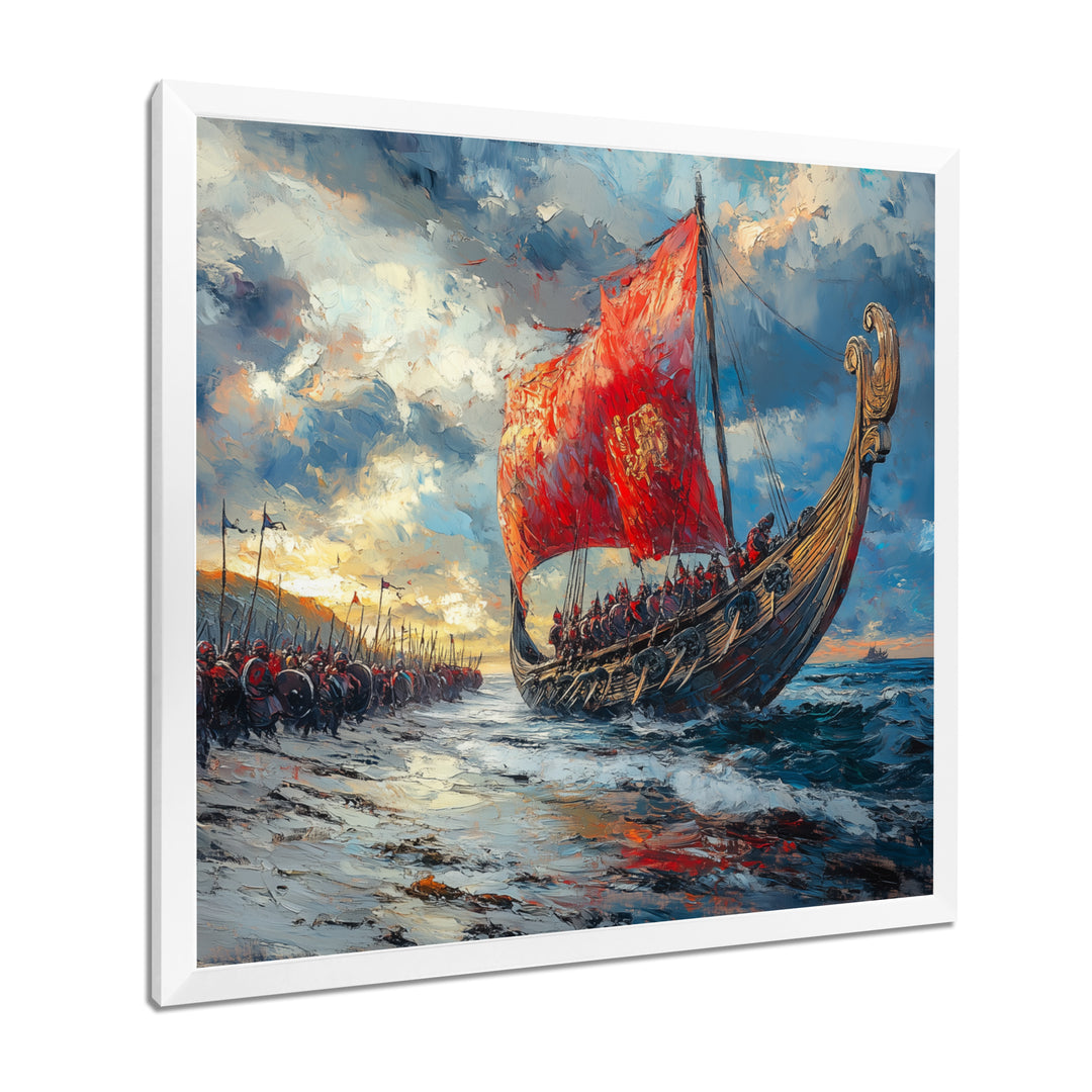 Red Vikings Boat Viking Warriors On The Beach - Vikings Boat Canvas Wall Art