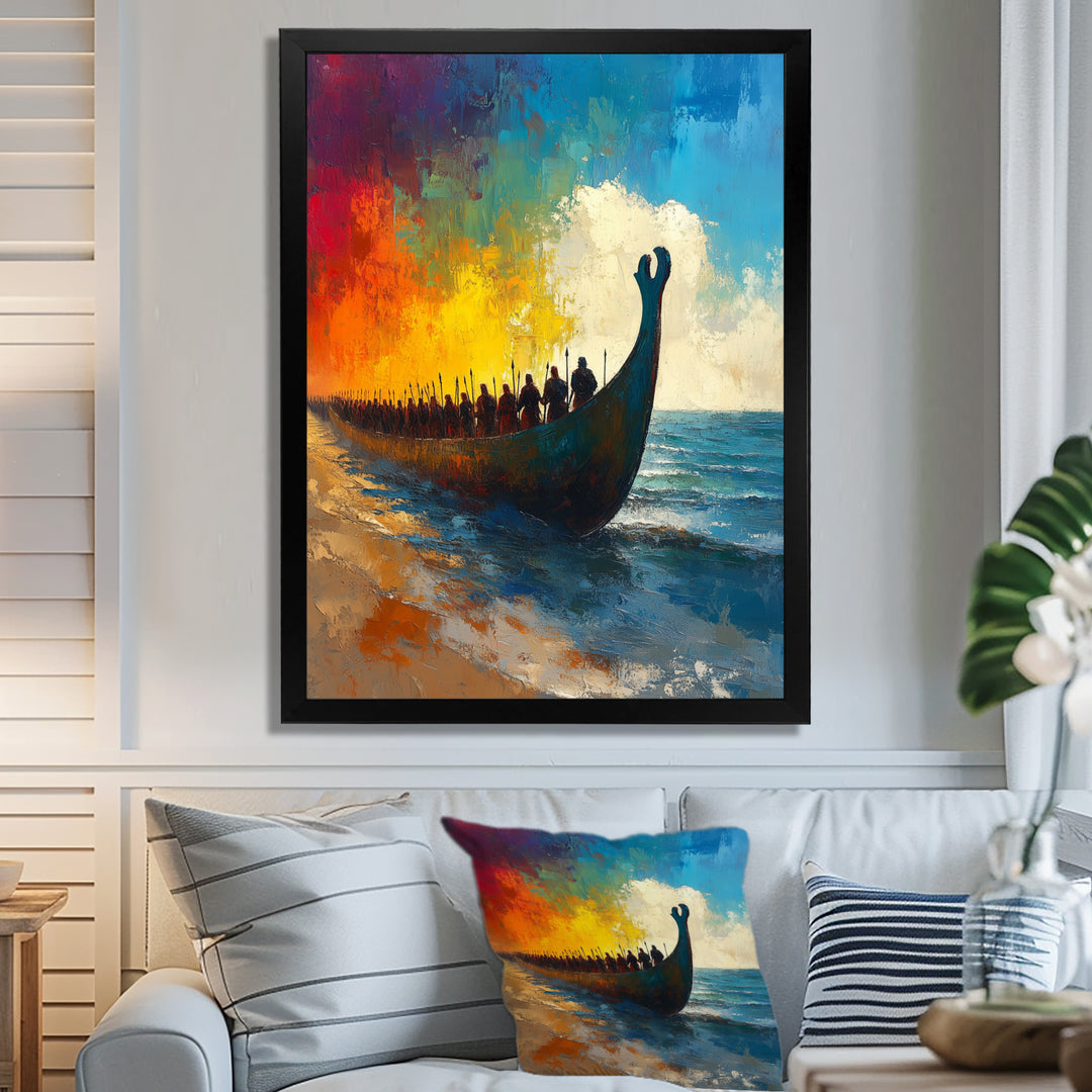 Black Vikings Boat Viking Warriors On The Beach - Vikings Boat Canvas Wall Art