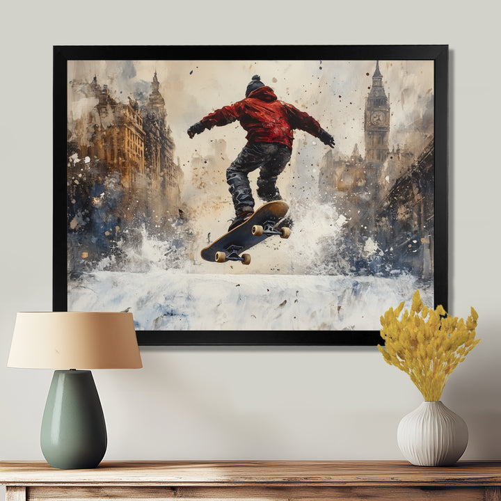 Black Skateboard Street Accented With Red - Skateboard Canvas Wall Art