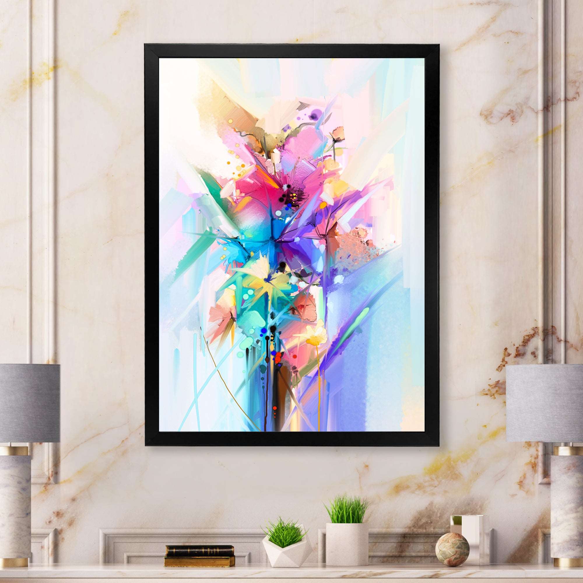 Abstract Colorful Spring Flowers Framed Print Vibrant Black - 1.5" Width