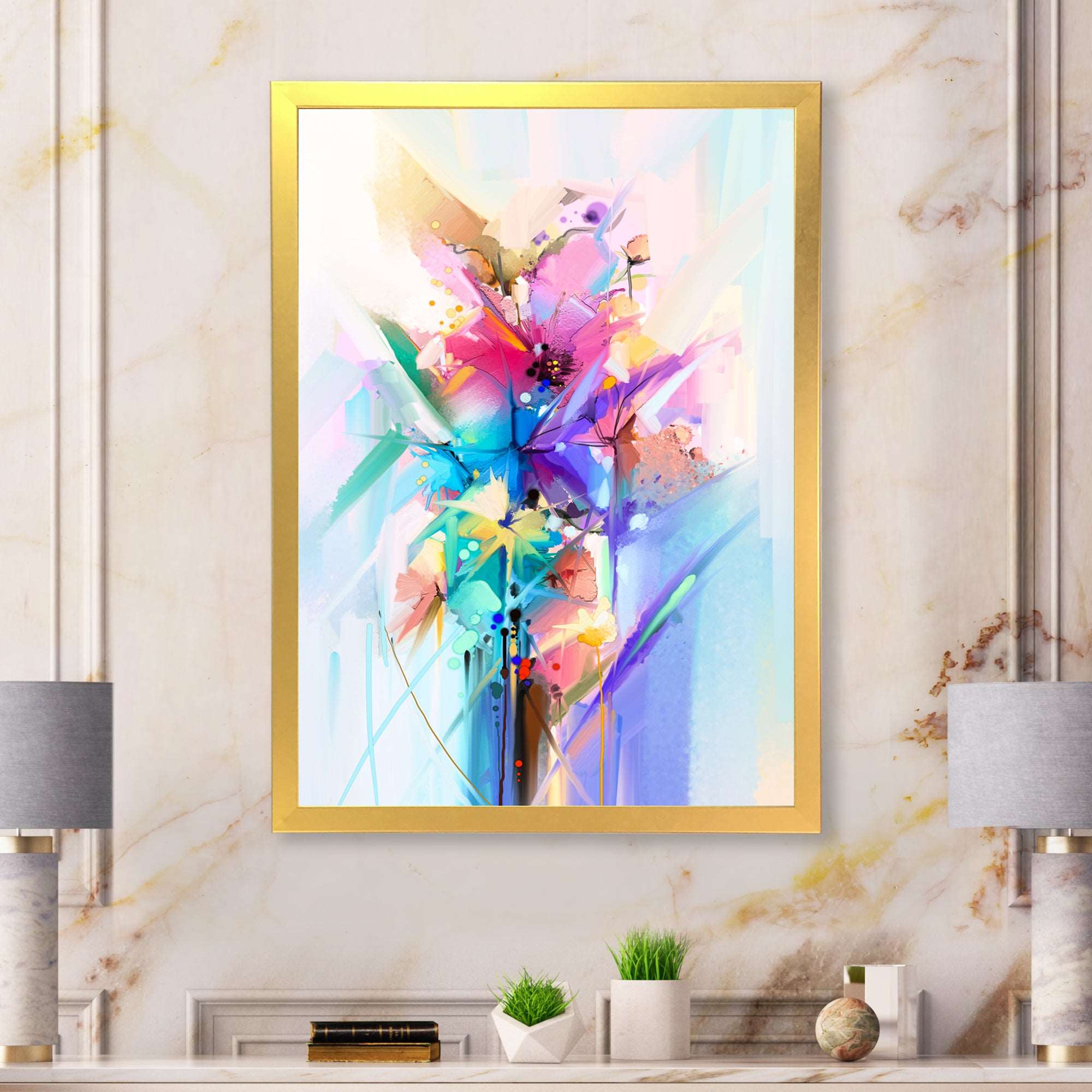 Abstract Colorful Spring Flowers Framed Print Vibrant Gold - 1.5" Width