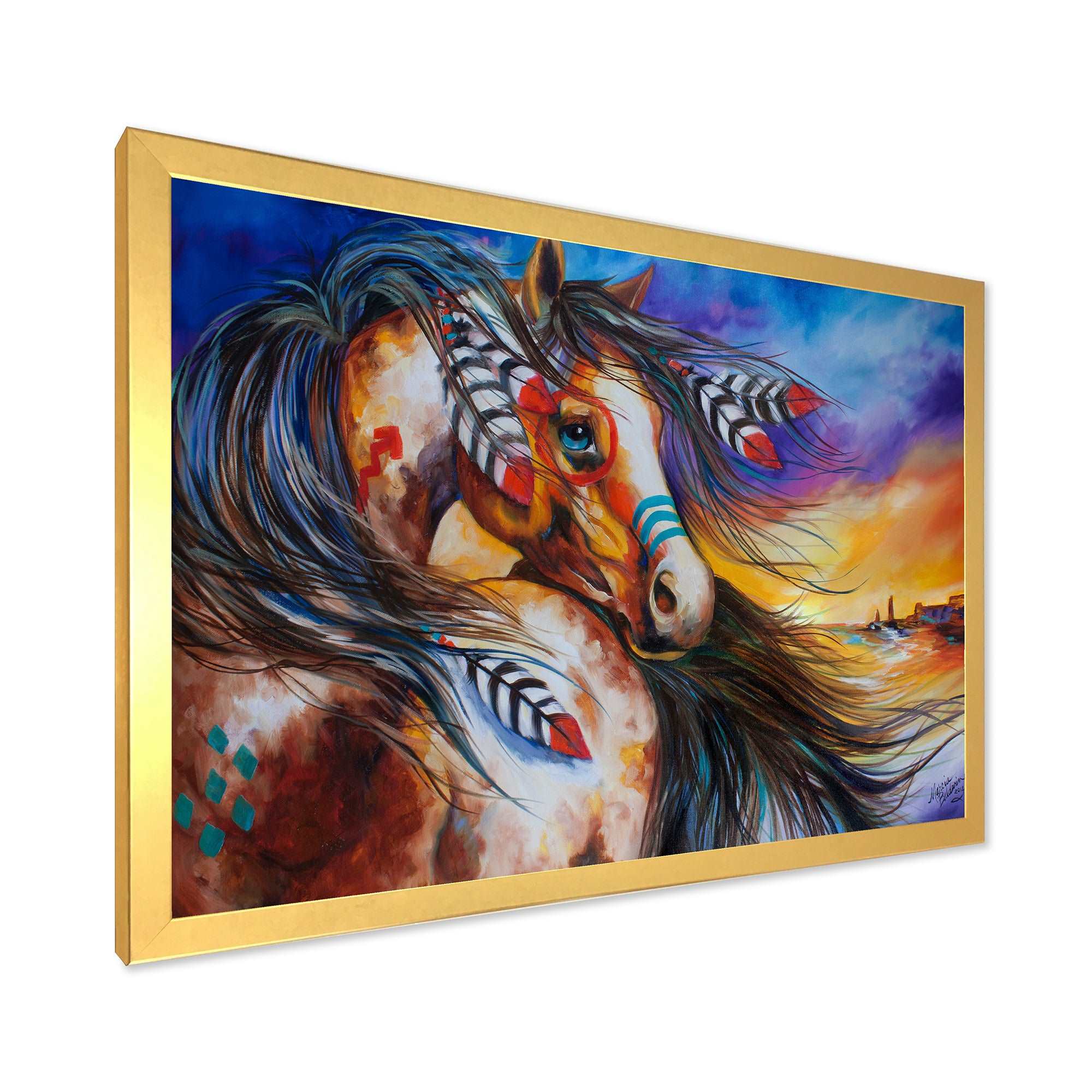 5 Feathers Indian War Horse Framed Print Vibrant Gold - 1.5" Width