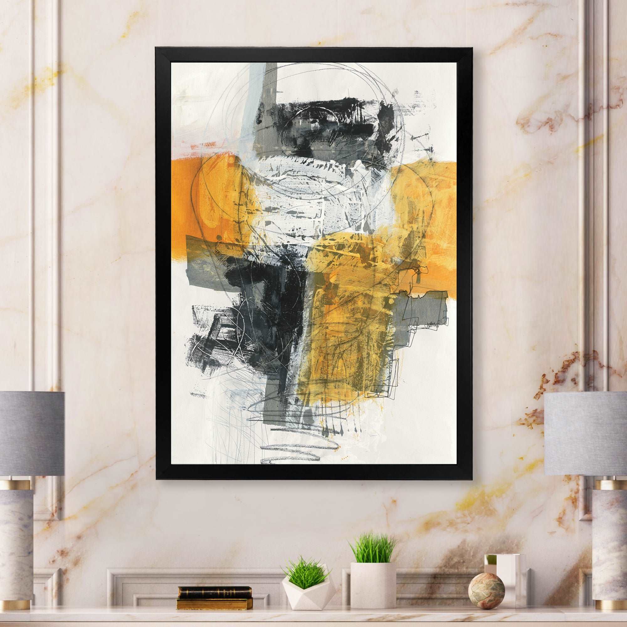 Abstract Composition of Glamorous Yellow and Black Framed Print Vibrant Black - 1.5" Width