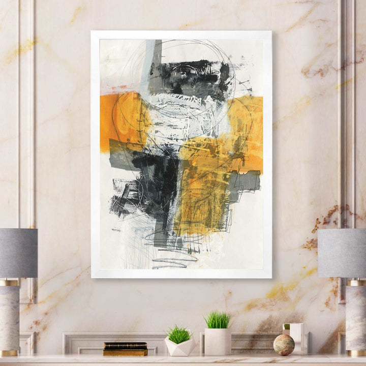 Abstract Composition of Glamorous Yellow and Black Framed Print Matte White - 1.5" Width