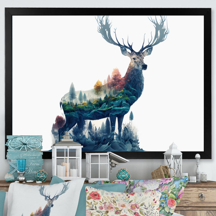 Double Exposure Of A Deer With Forest - Blue Deer Wall Art