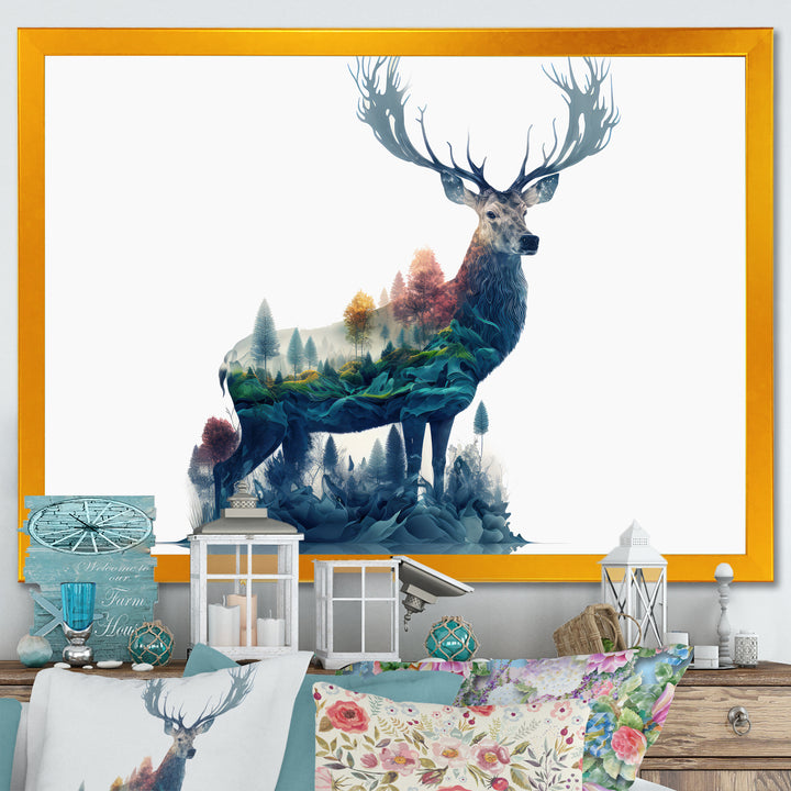 Double Exposure Of A Deer With Forest - Blue Deer Wall Art