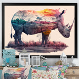 Double Exposure Of A Rhino With African Landscape - Pink Rhinoceros Wall Art