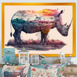 Double Exposure Of A Rhino With African Landscape - Pink Rhinoceros Wall Art