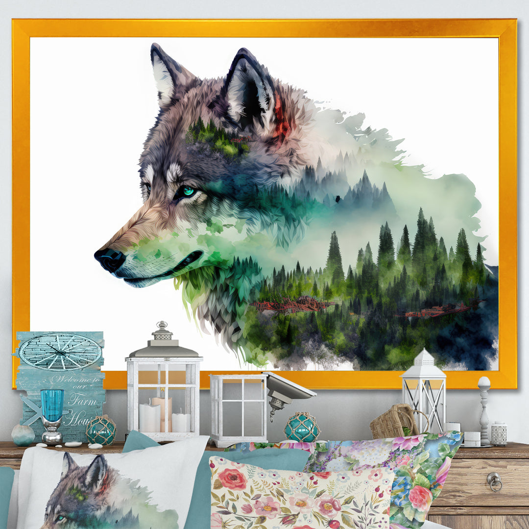 Double Exposure Of A Wolf With Forest Landscape - Wolf Large Canvas Wall Art
