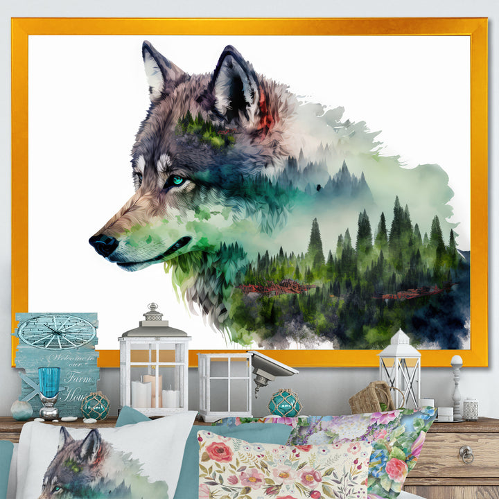 Double Exposure Of A Wolf With Forest Landscape - Wolf Large Canvas Wall Art