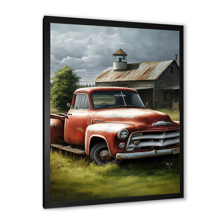 Orange Vintage Truck At The Barn - Car Old American Canvas Wall Art