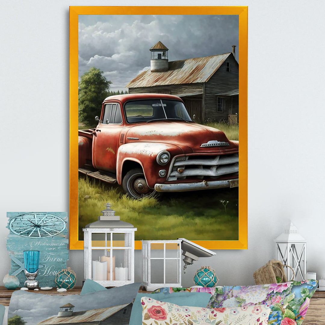 Orange Vintage Truck At The Barn - Car Old American Canvas Wall Art