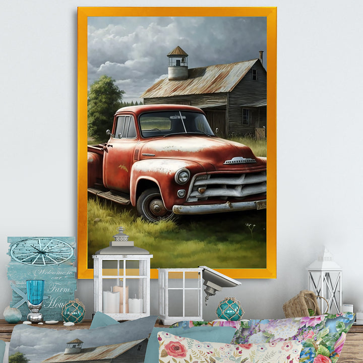 Orange Vintage Truck At The Barn - Car Old American Canvas Wall Art