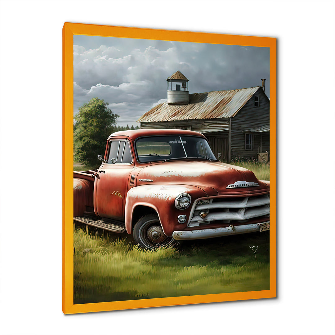 Orange Vintage Truck At The Barn - Car Old American Canvas Wall Art