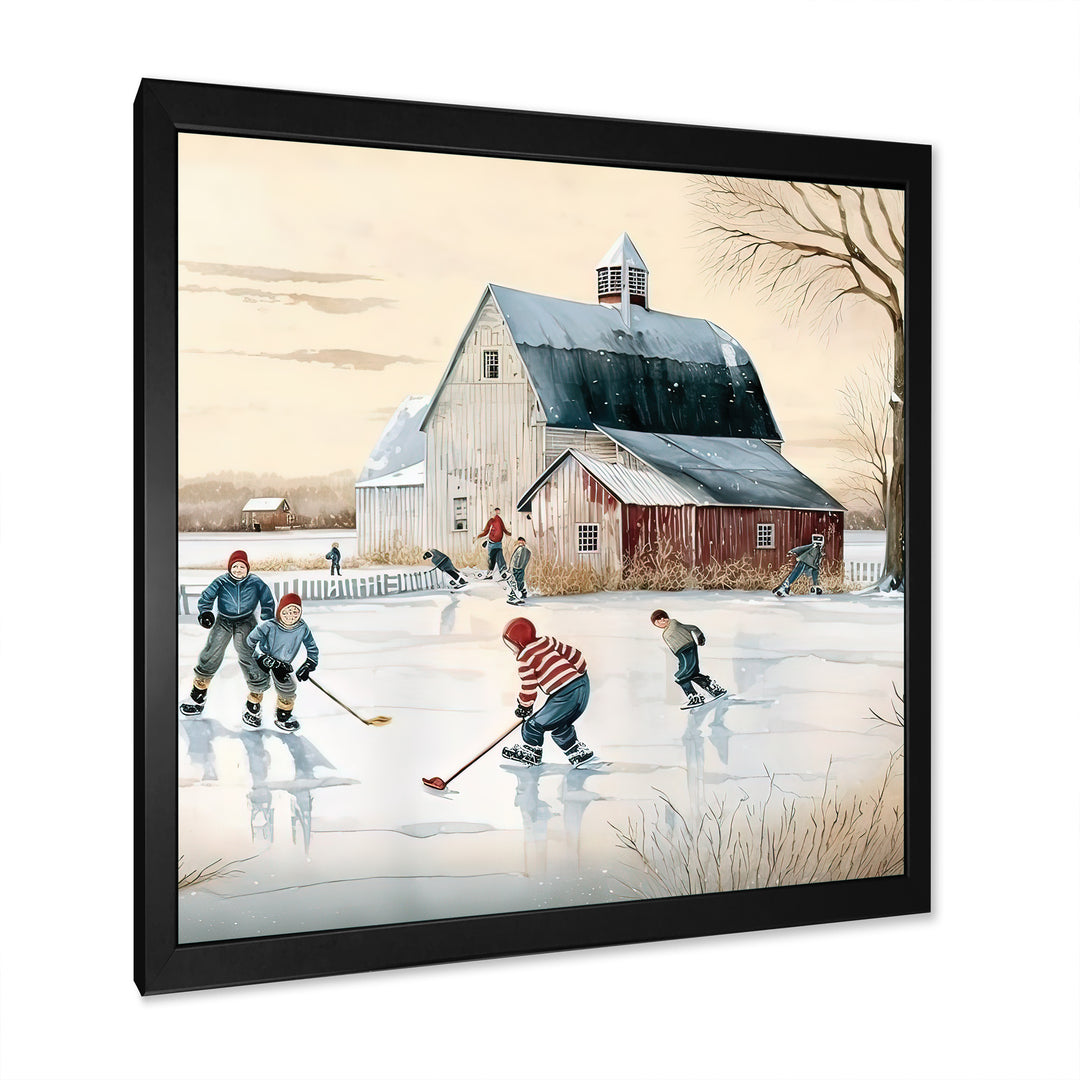 Kids Playing Hockey In Winter I - Sport Hockey Canvas Wall Art