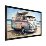 70S Surfing Van At The Beach I Framed Print Vibrant Black - 1.5"Width