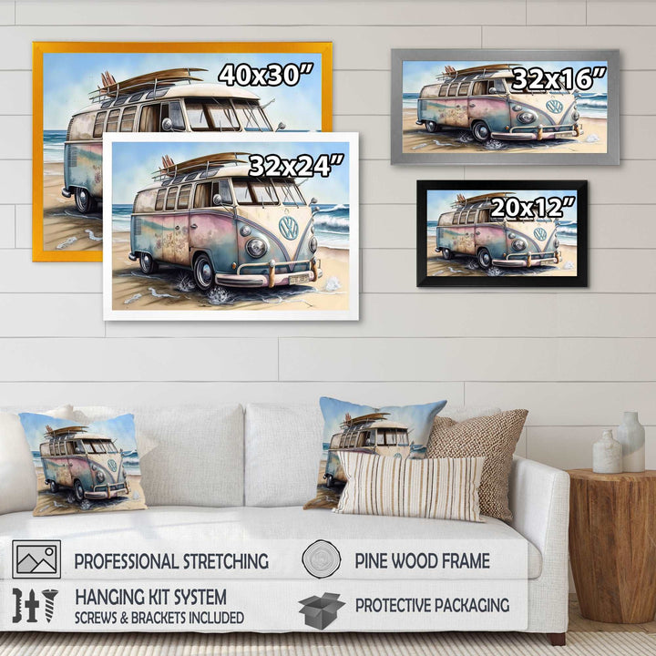 70S Surfing Van At The Beach I Framed Print Vibrant Black - 1.5"Width