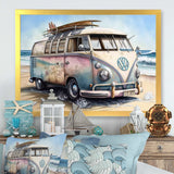 70S Surfing Van At The Beach I Framed Canvas Vibrant Black - 1.5"Thick
