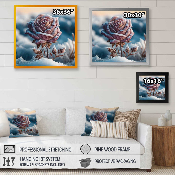 A Blooming Pink Rose Flower In Winter I Framed Print Vibrant Black - 1.5"Width