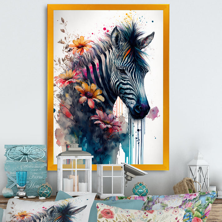 Cute Zebra Floral Art - Zebra Framed Canvas Art