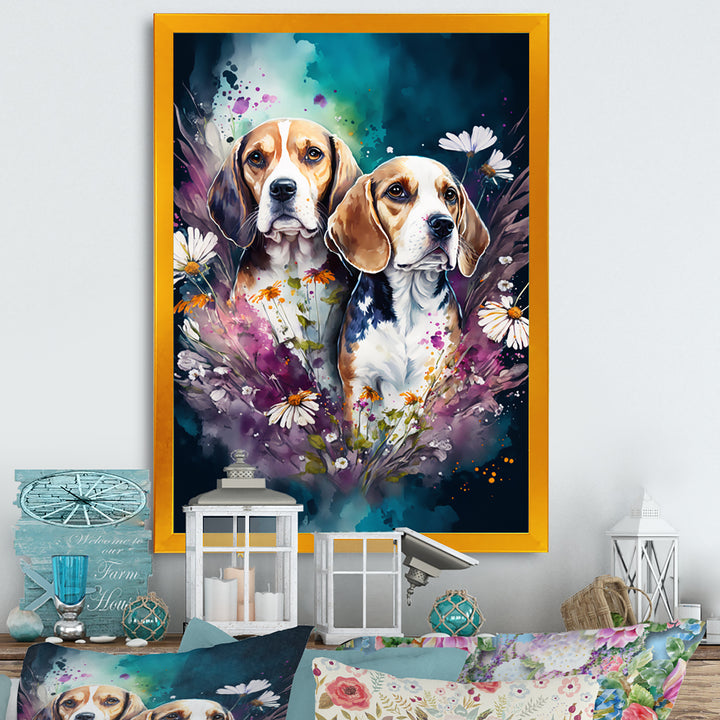 Cute Beagles Floral Art - Dog Beagle Large Canvas Wall Art