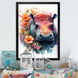 Cute Hippo Floral Art - Hippopotamus Wall Decor