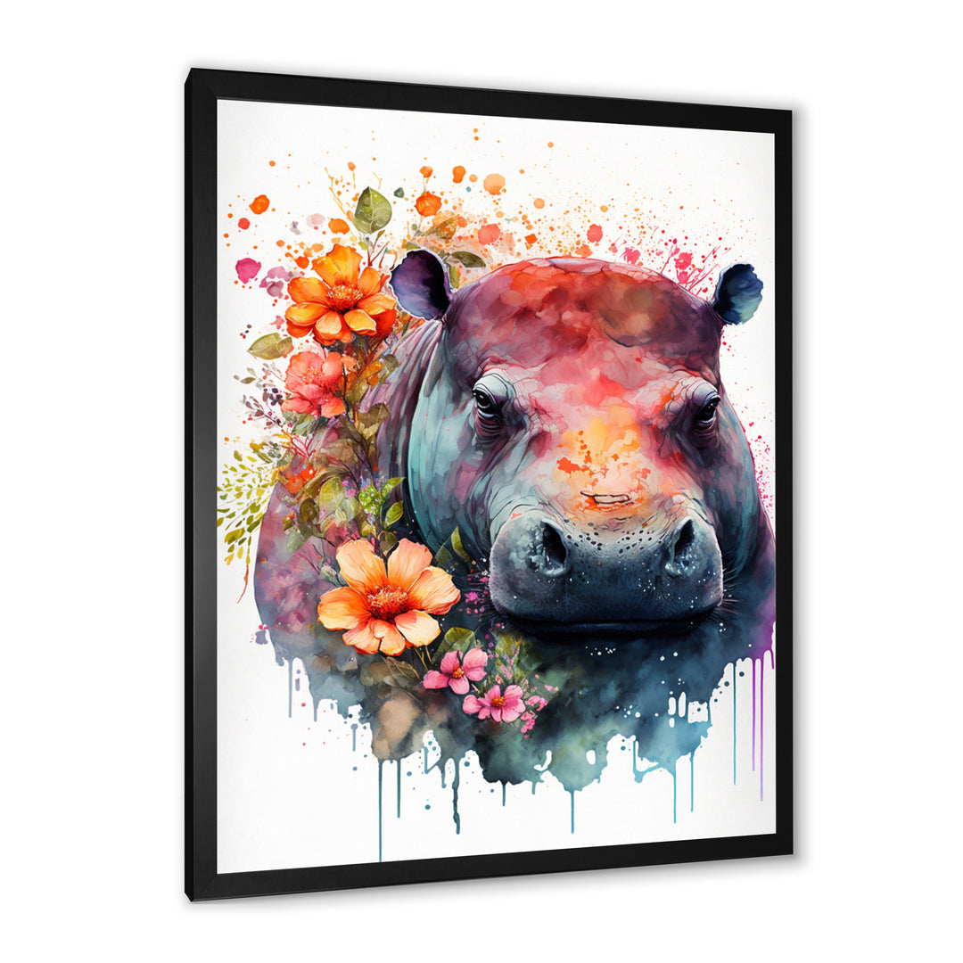 Cute Hippo Floral Art - Hippopotamus Wall Decor