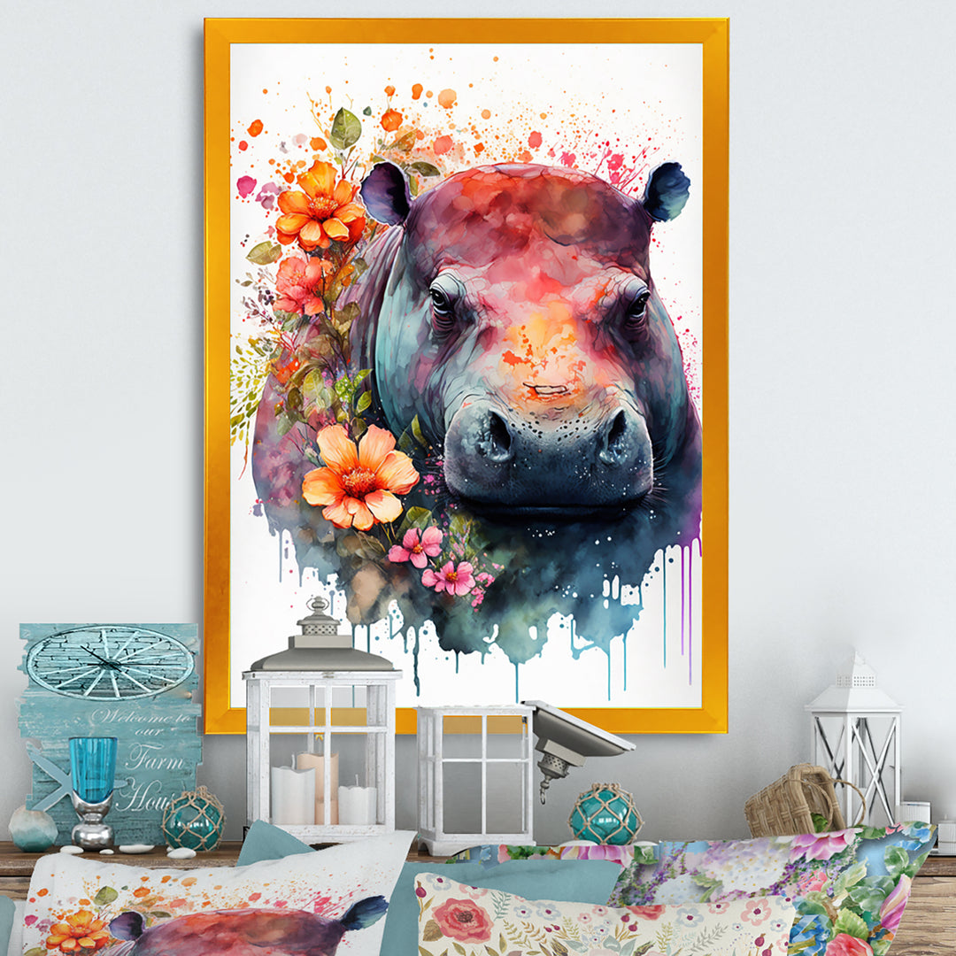 Cute Hippo Floral Art - Hippopotamus Wall Decor