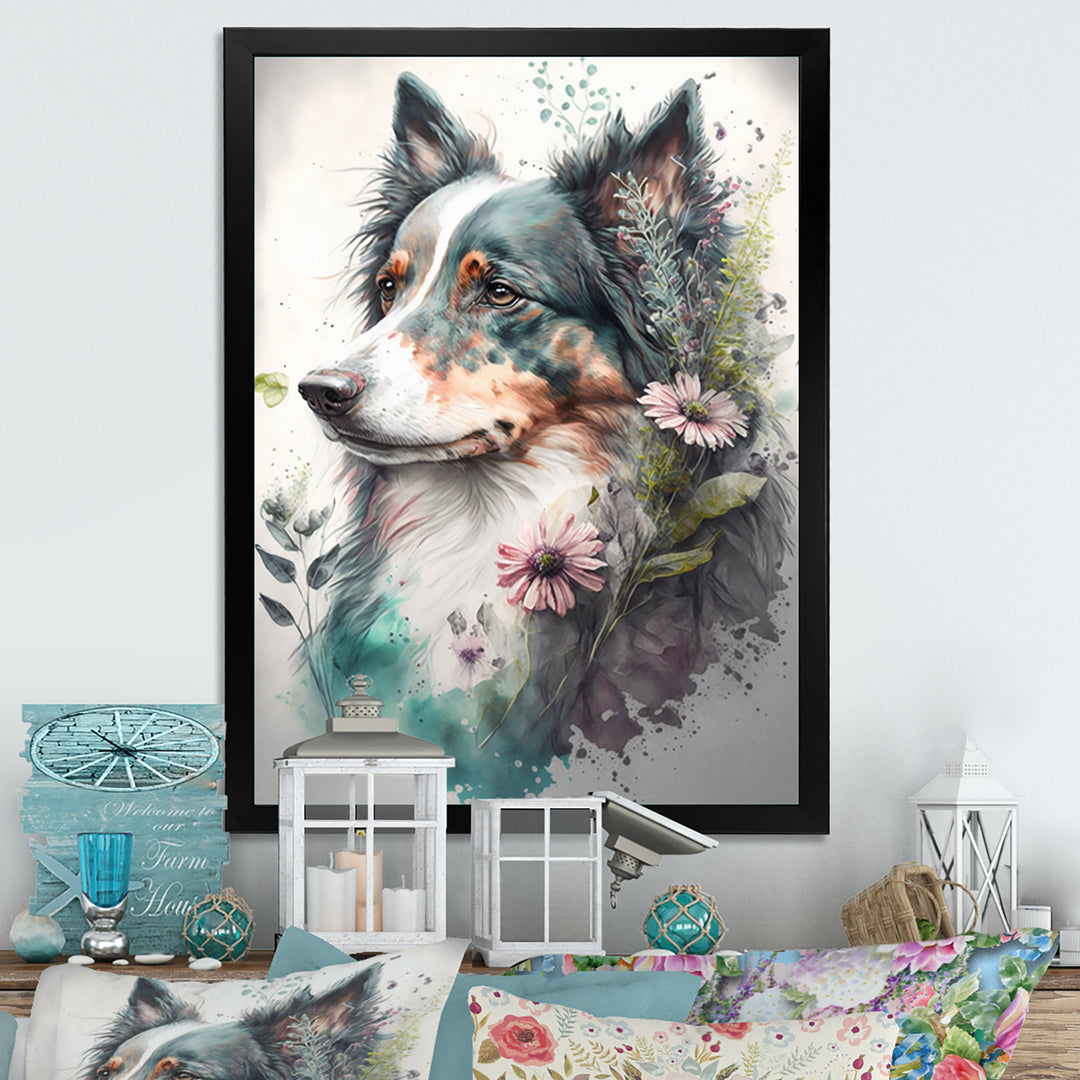 Cute Australian Shepard Floral Art - Dog Australian Shepherd Canvas Wall Art