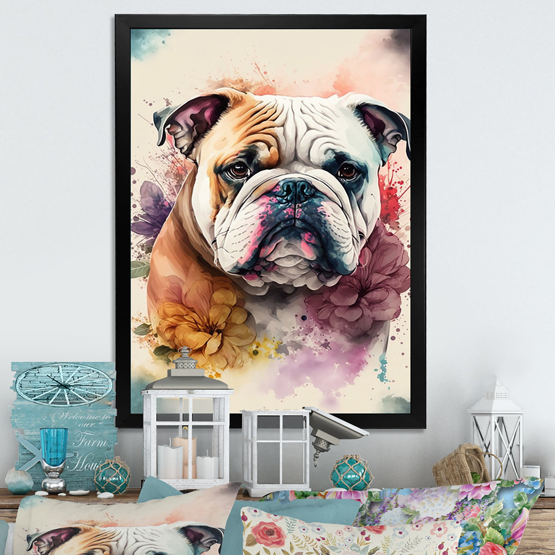 Cute Bulldogs Floral Art - Dog Wall Art Prints