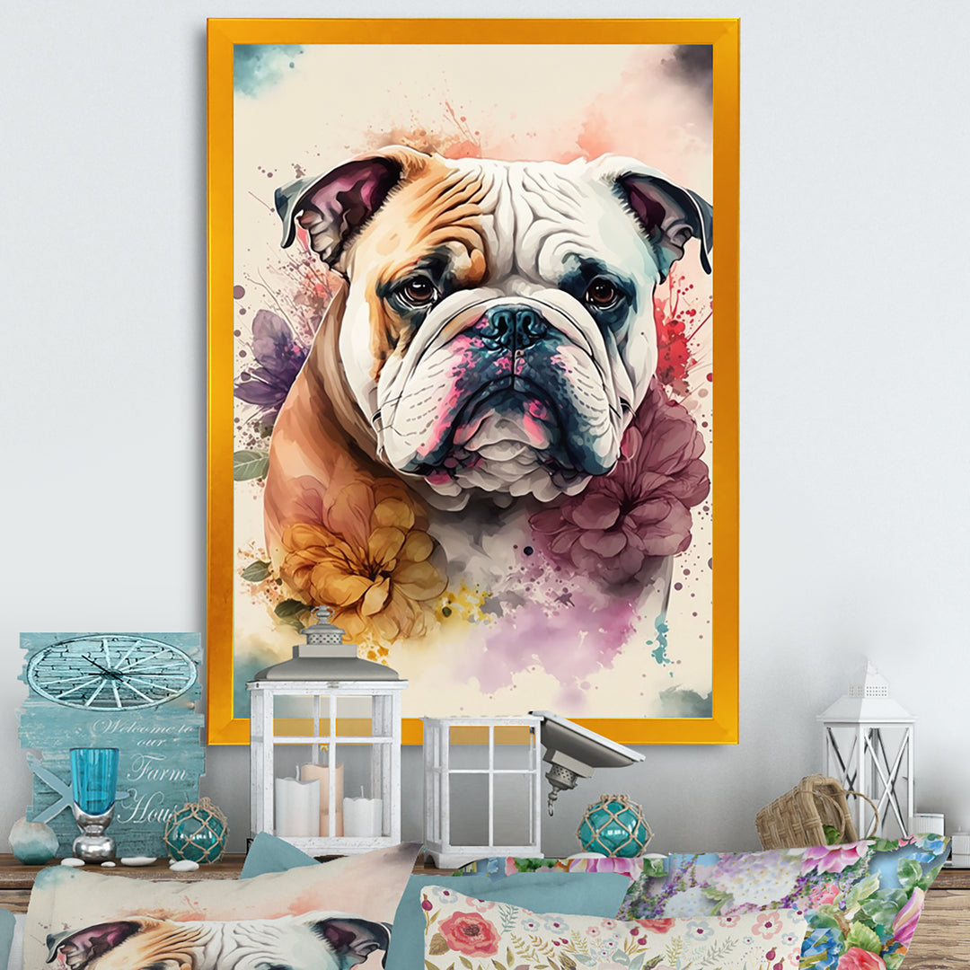 Cute Bulldogs Floral Art - Dog Wall Art Prints