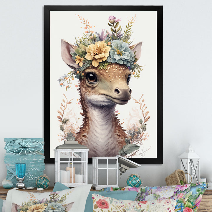 Cute Baby Dinosaur With Floral Crown - Dinosaur Laundry Framed Canvas Art